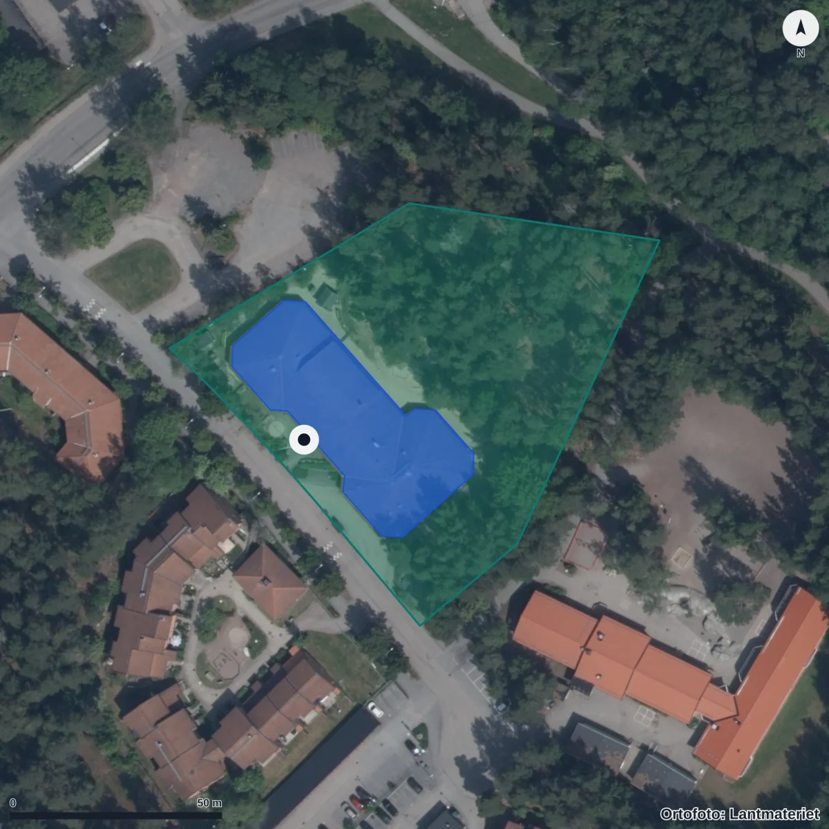 Flygbild över Flöjtens Förskola, ortofoto från Lantmäteriet