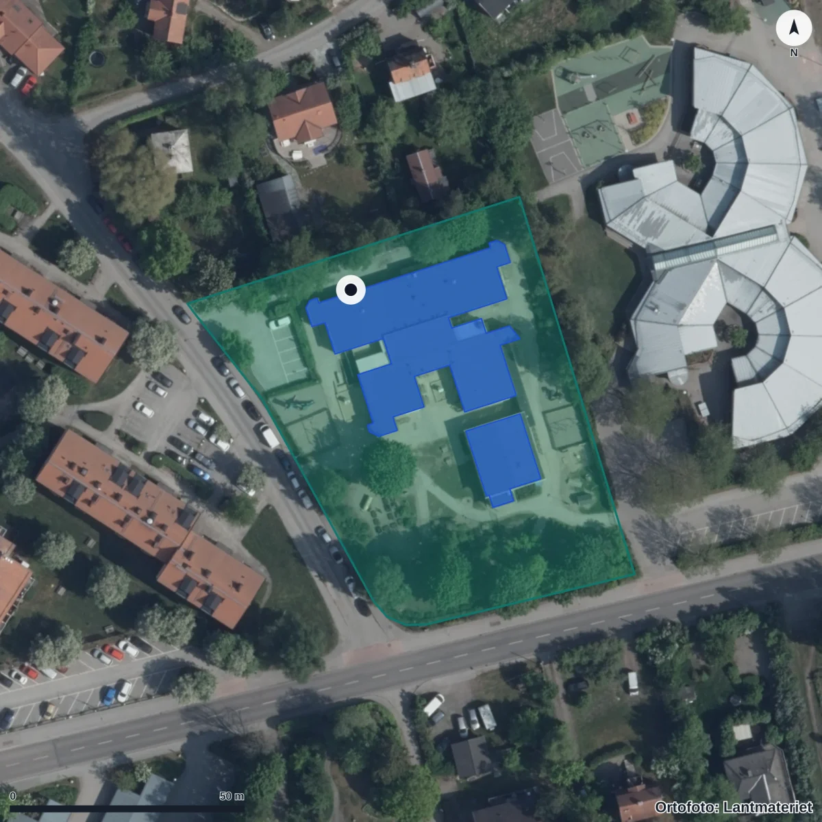 Flygbild över Albatrossens Förskola, ortofoto från Lantmäteriet