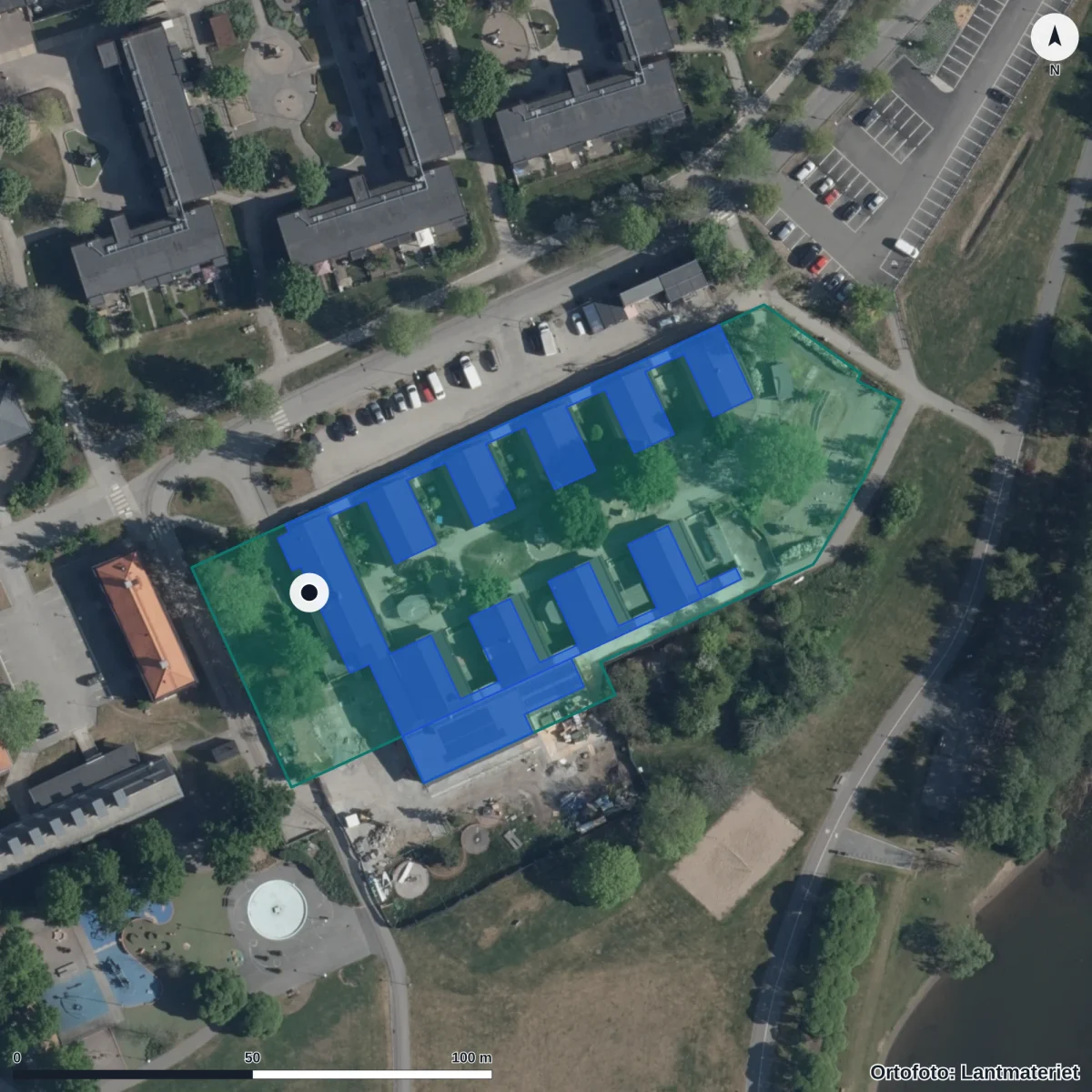 Flygbild över Förskolan Humlan, ortofoto från Lantmäteriet