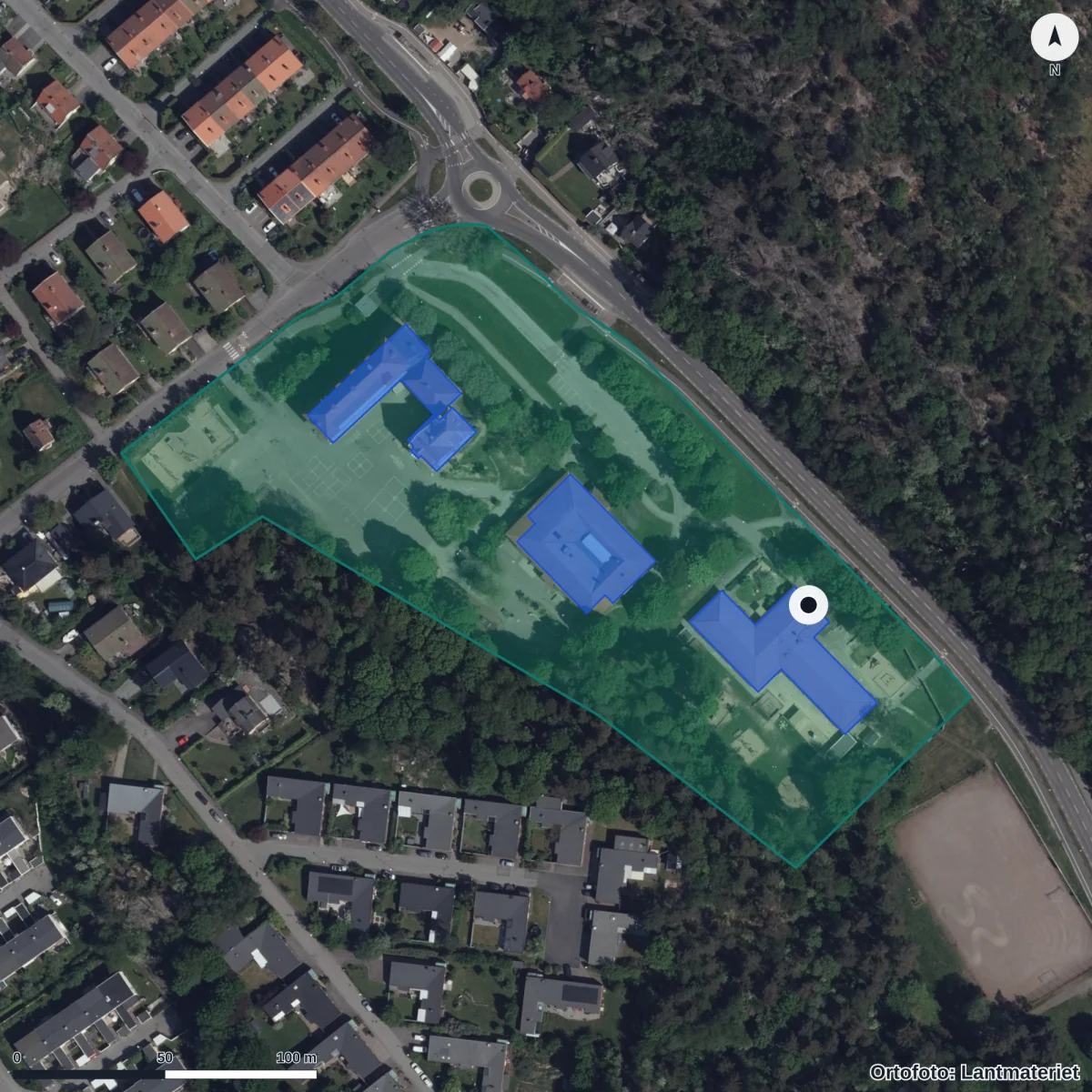 Flygbild över Toltorps Förskola, ortofoto från Lantmäteriet