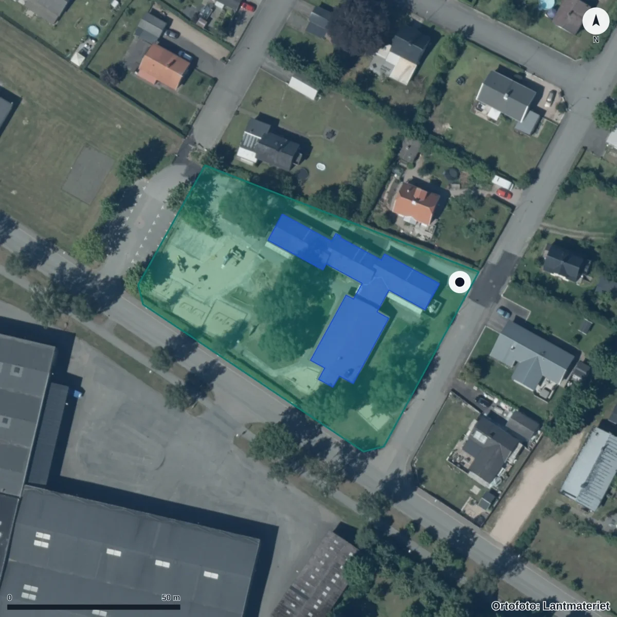 Flygbild över Snödroppens Förskola, ortofoto från Lantmäteriet