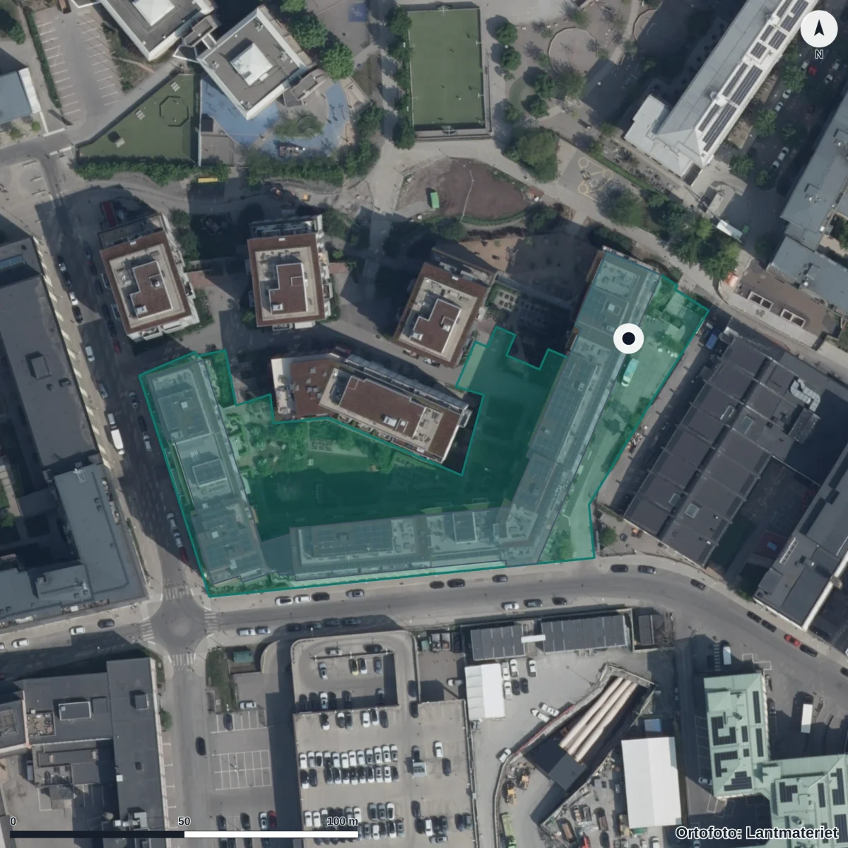 Flygbild över Förskolan Godsvagnen, ortofoto från Lantmäteriet