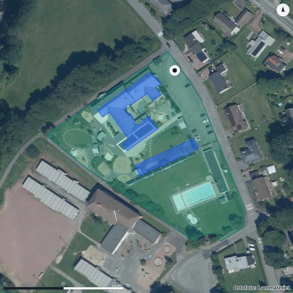 Flygbild över Arkelstorps Förskola, ortofoto från Lantmäteriet