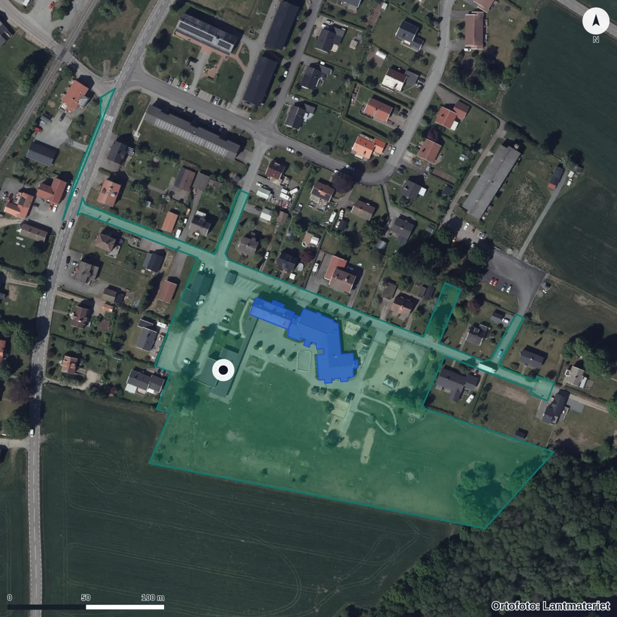 Flygbild över Björketorps Förskola, ortofoto från Lantmäteriet