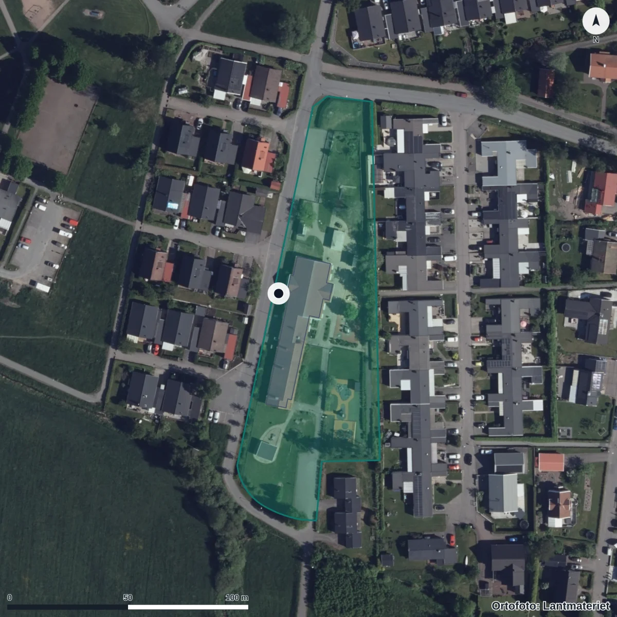 Flygbild över Gastorps Förskola, ortofoto från Lantmäteriet