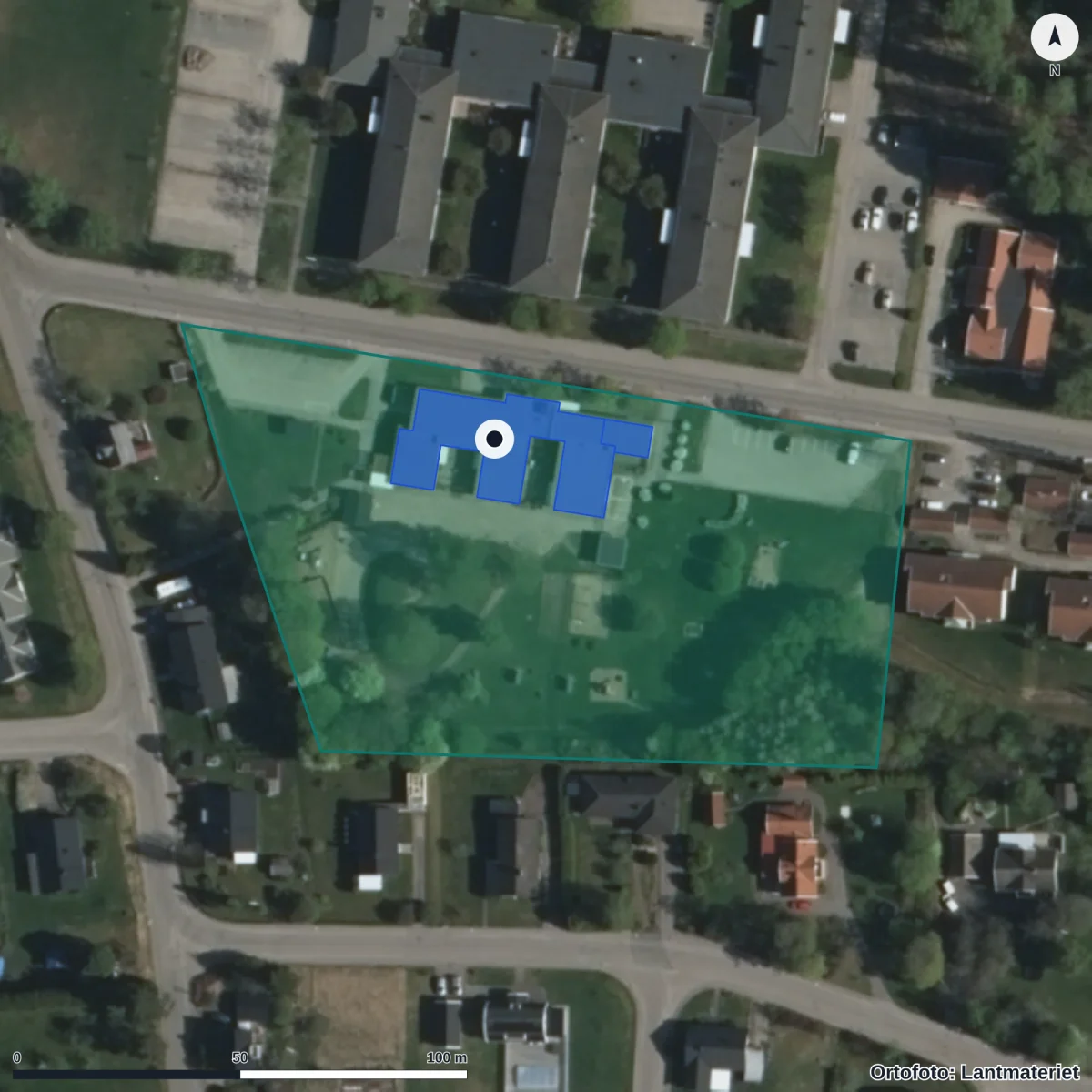 Flygbild över Präriens Förskola, ortofoto från Lantmäteriet