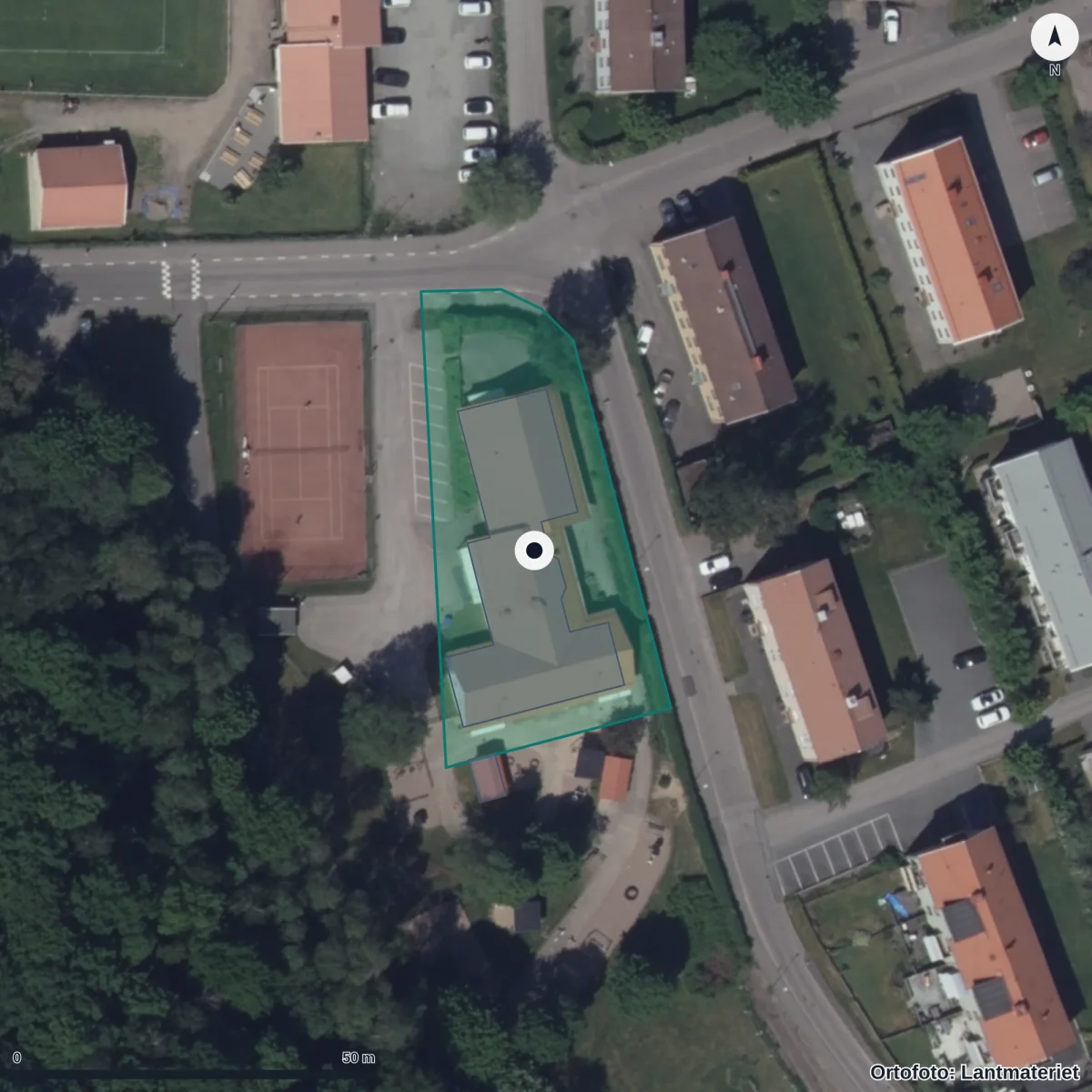 Flygbild över Nordgärdets Förskola, ortofoto från Lantmäteriet