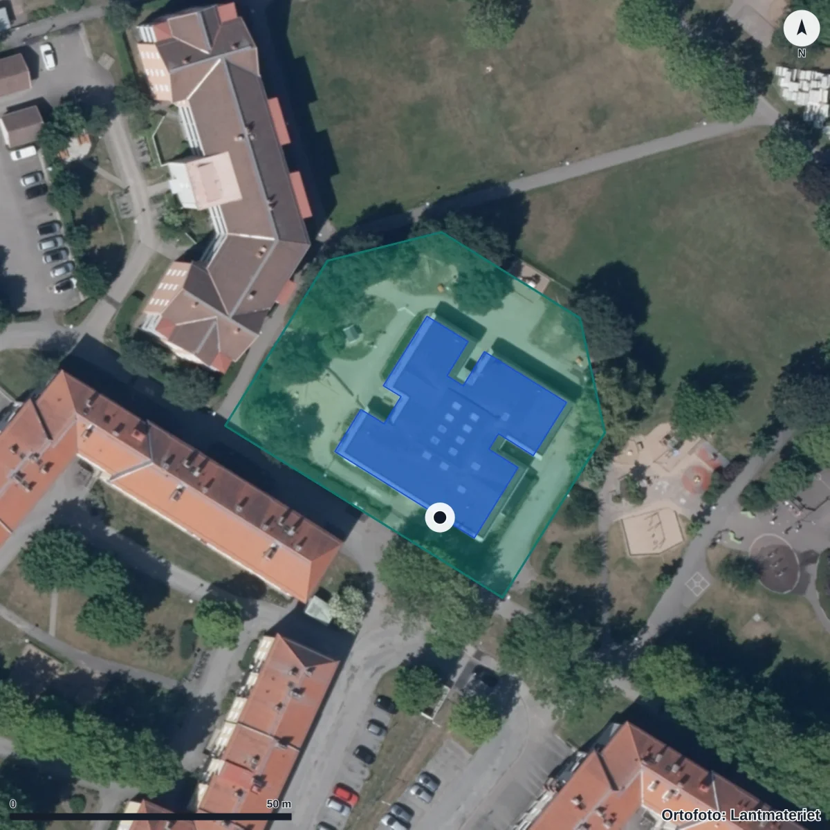Flygbild över Stensättaregatan 5, ortofoto från Lantmäteriet