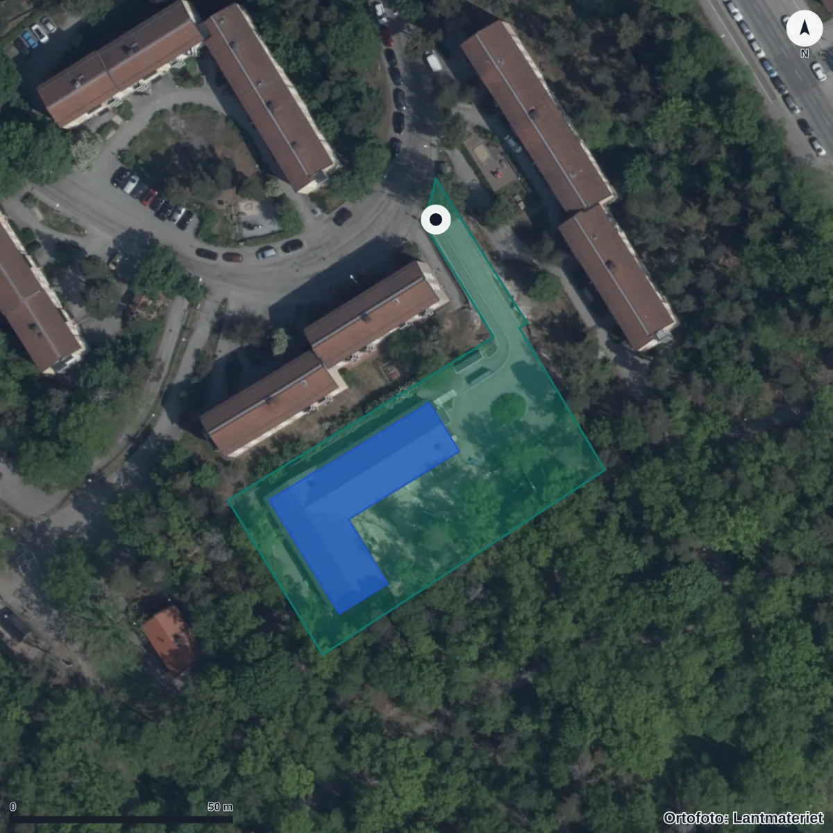 Flygbild över Förskolan Skogsgläntan, ortofoto från Lantmäteriet