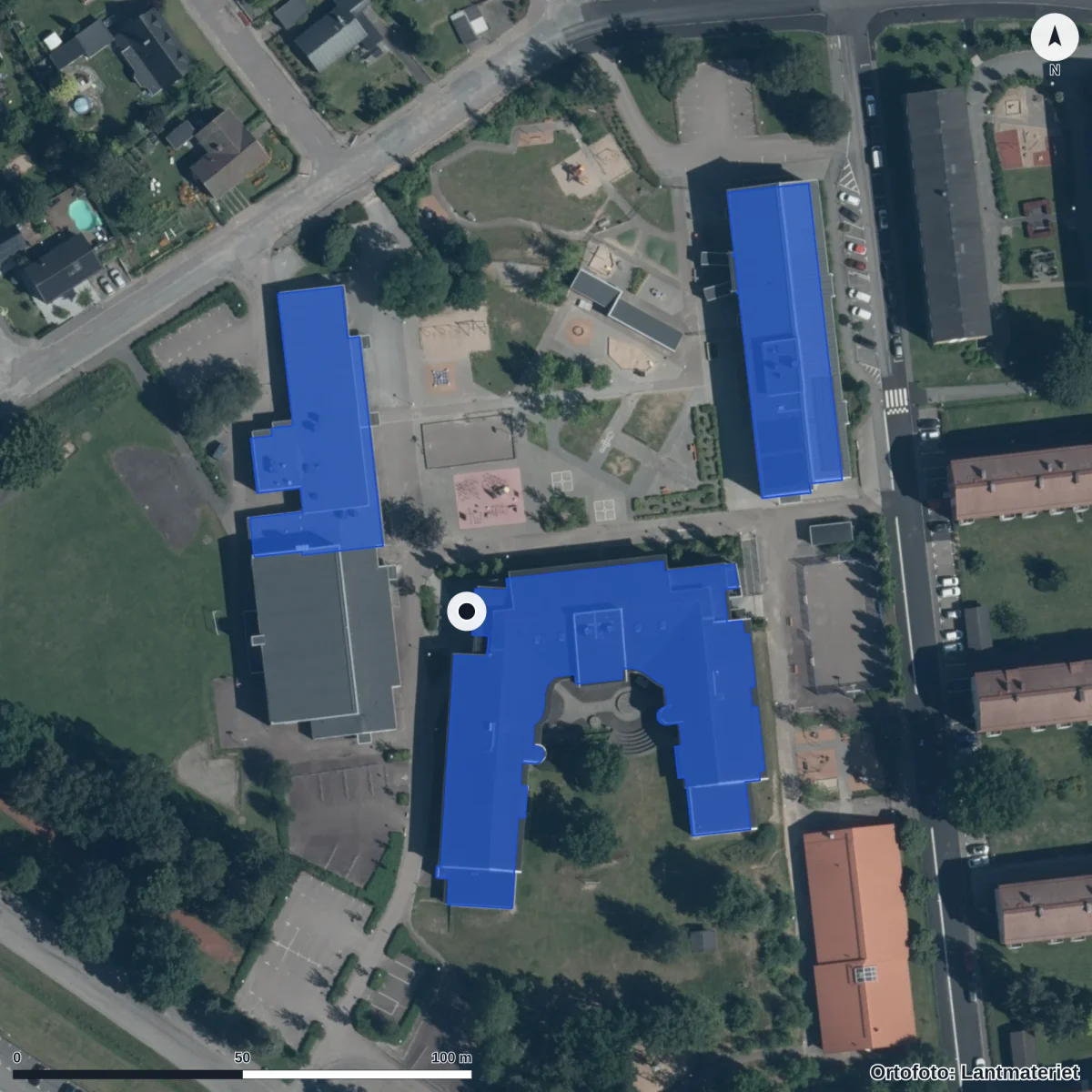 Flygbild över Juvelens Förskola, ortofoto från Lantmäteriet