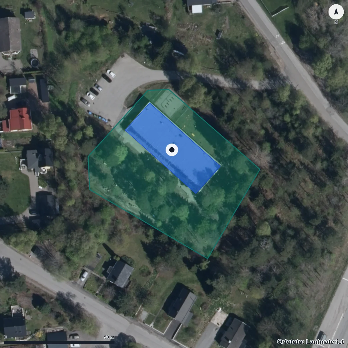 Flygbild över Korsta Förskola, ortofoto från Lantmäteriet