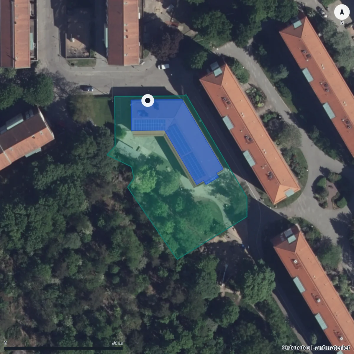 Flygbild över Södra Viktoriagatan 45 Förskola, ortofoto från Lantmäteriet
