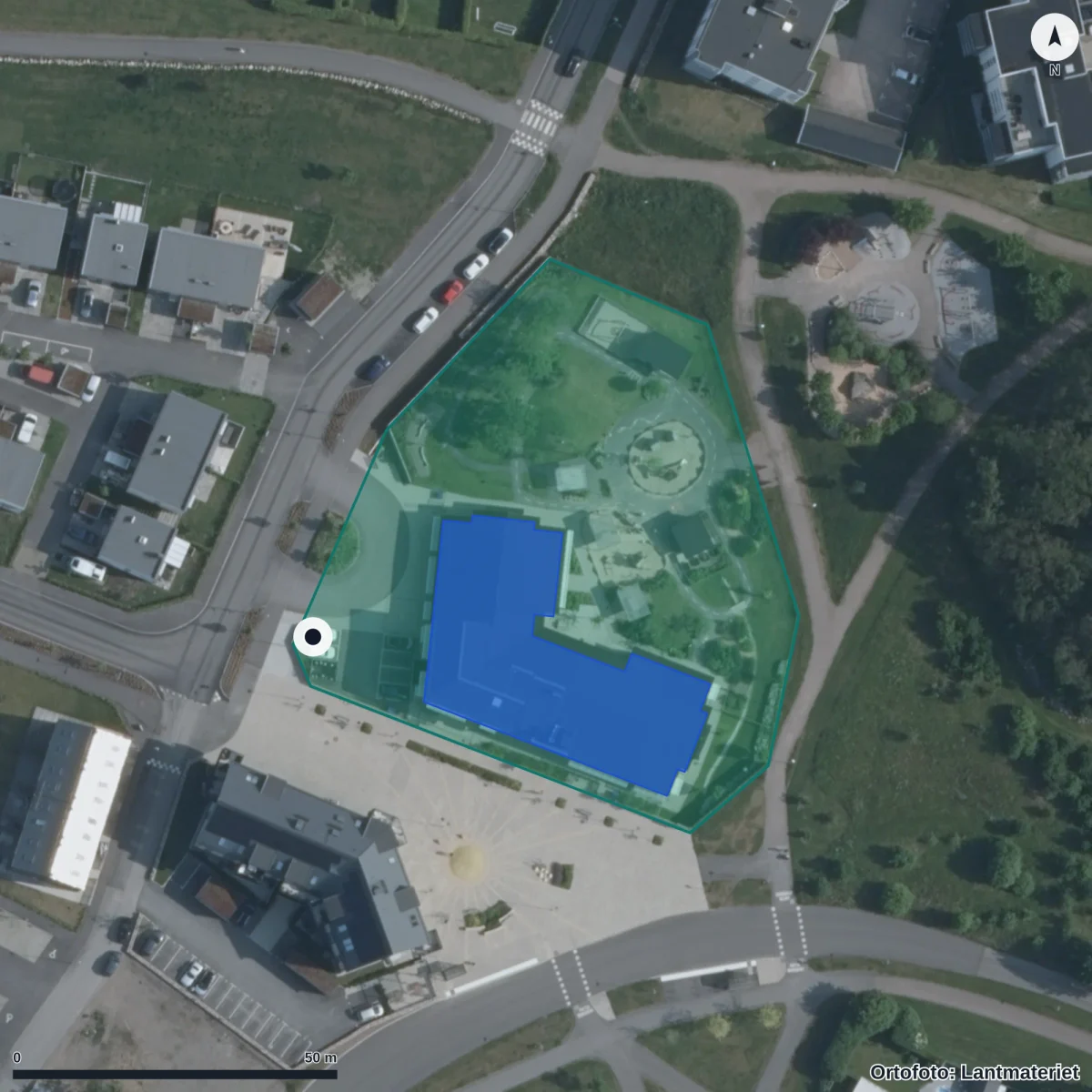 Flygbild över Albinsro Förskola, ortofoto från Lantmäteriet