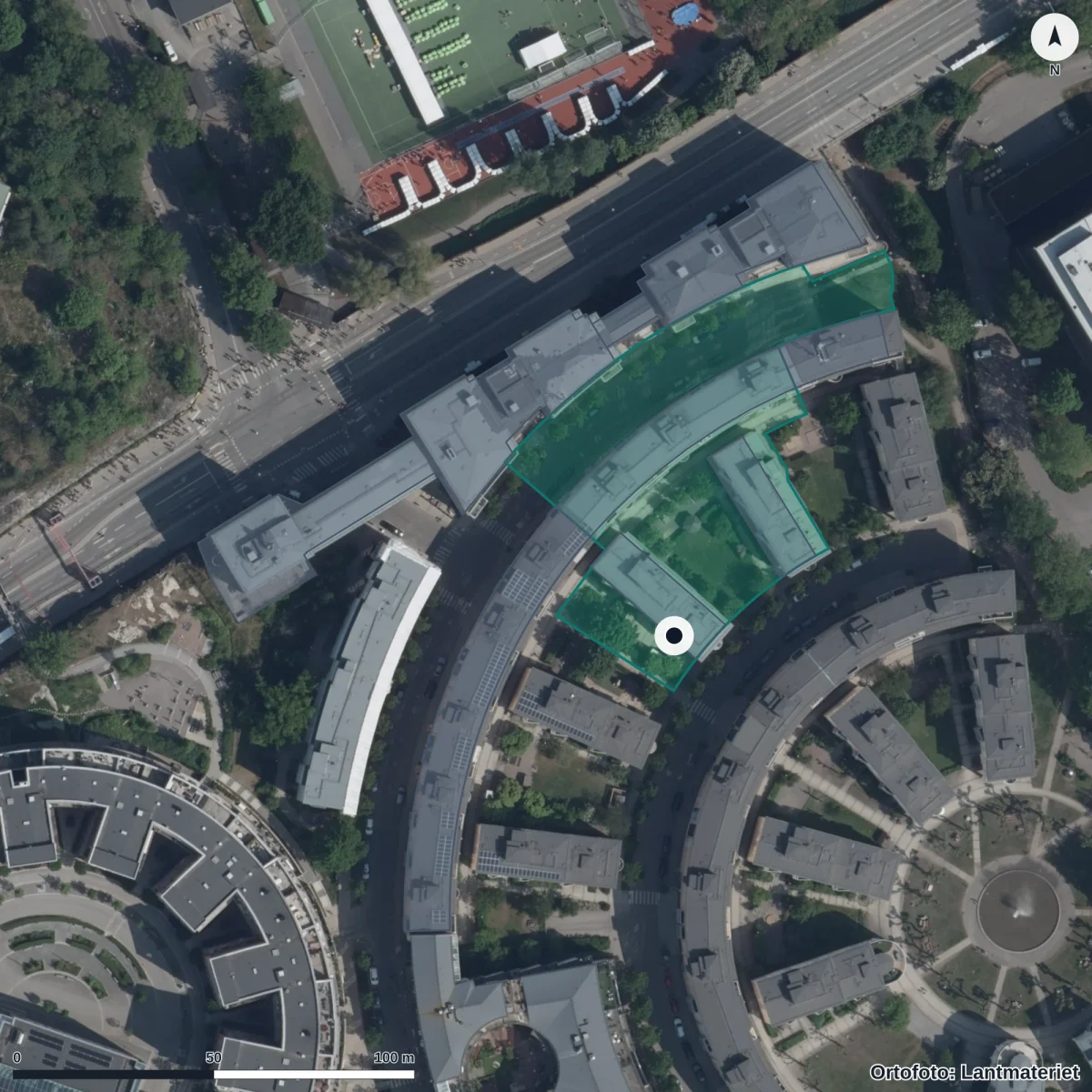 Flygbild över Jensen Förskola Stadion, ortofoto från Lantmäteriet