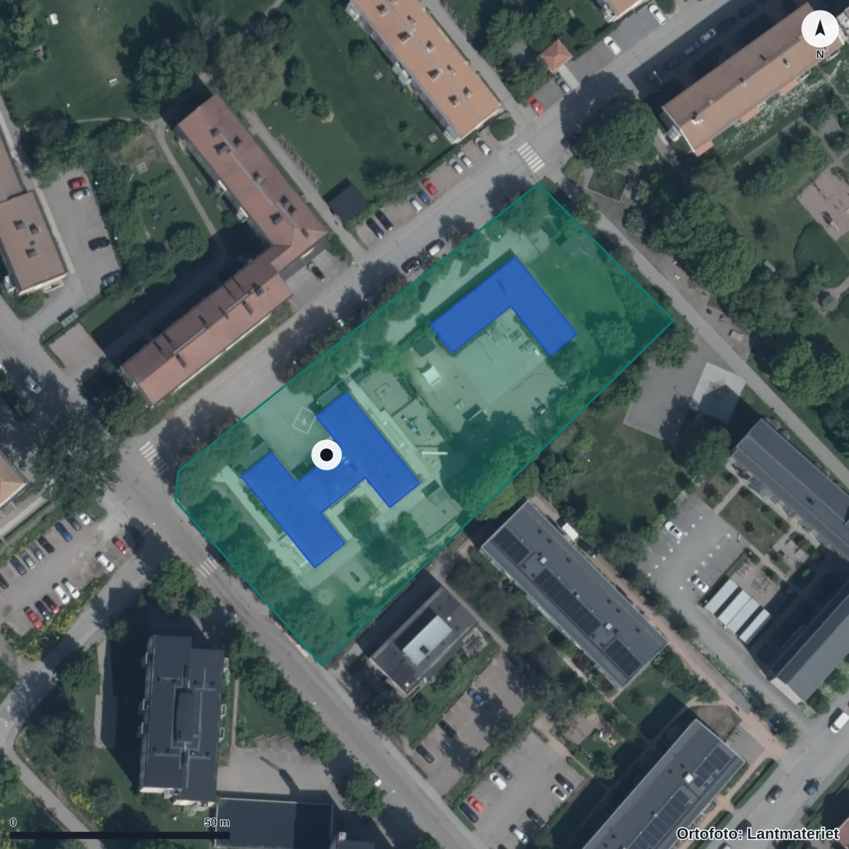 Flygbild över Luthagens Förskola, ortofoto från Lantmäteriet