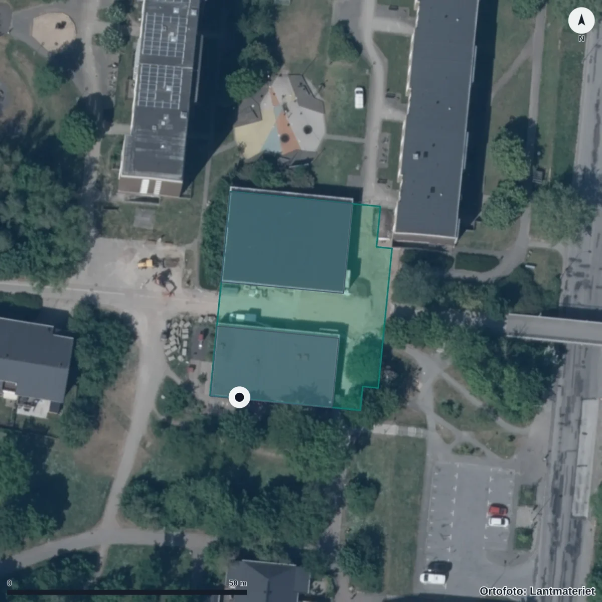 Flygbild över Malmöknopparnas Förskola, ortofoto från Lantmäteriet