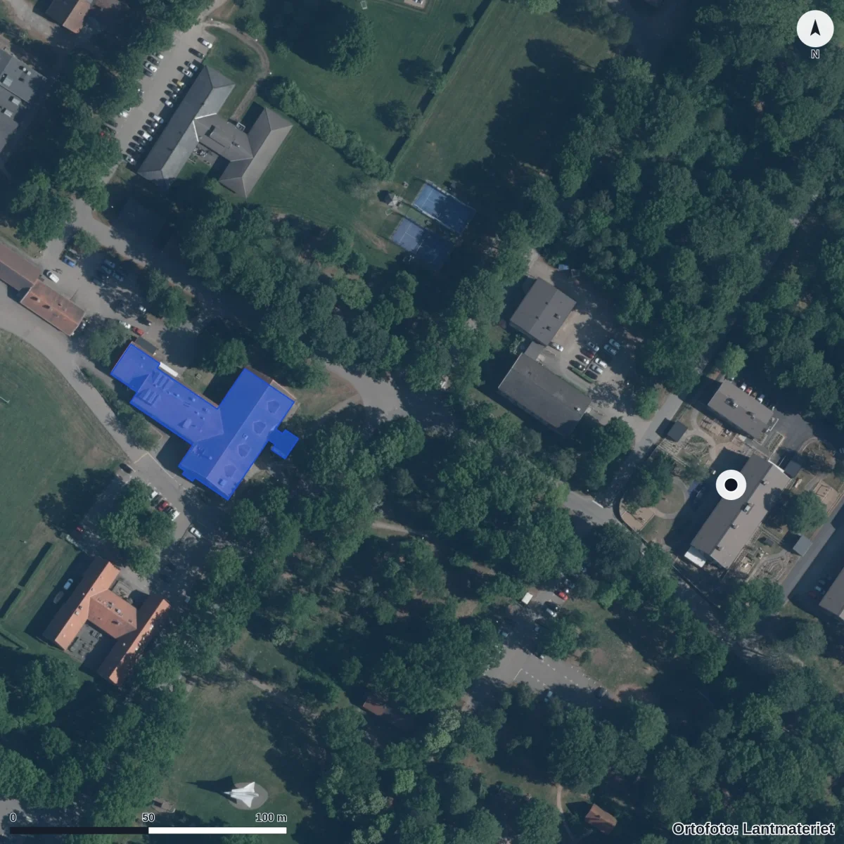 Flygbild över Lunnagårdens Förskola, ortofoto från Lantmäteriet