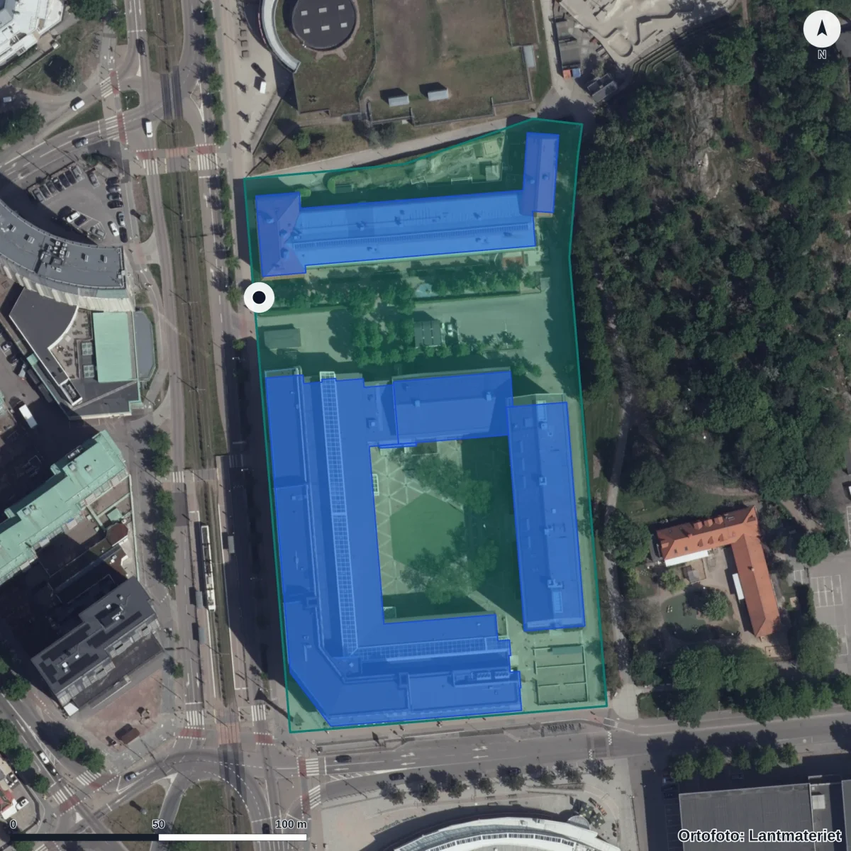 Flygbild över Skånegatan 18 Förskola, ortofoto från Lantmäteriet
