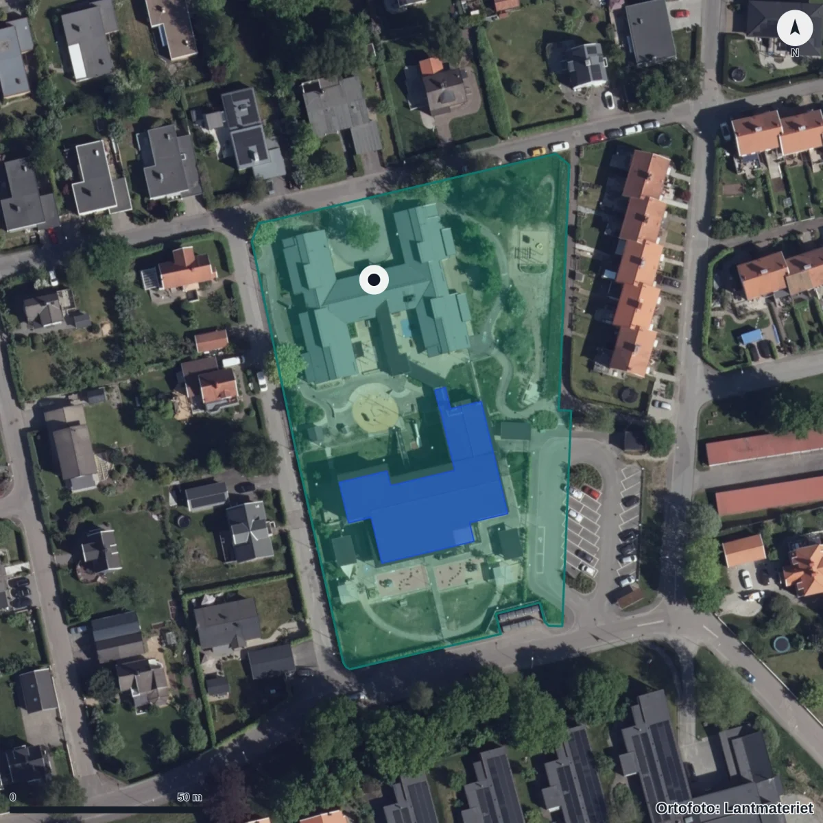 Flygbild över Kullegårdens Förskola, ortofoto från Lantmäteriet