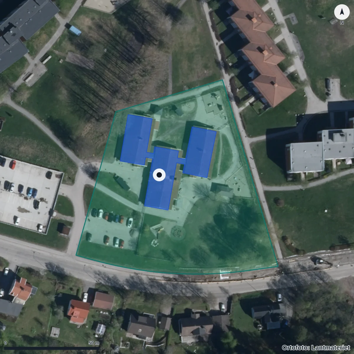 Flygbild över Vretens Förskola, ortofoto från Lantmäteriet