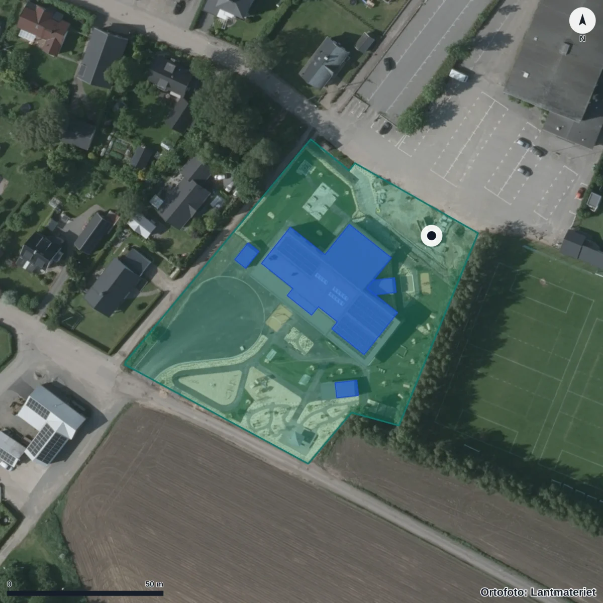 Flygbild över Vinbergs Förskola, ortofoto från Lantmäteriet