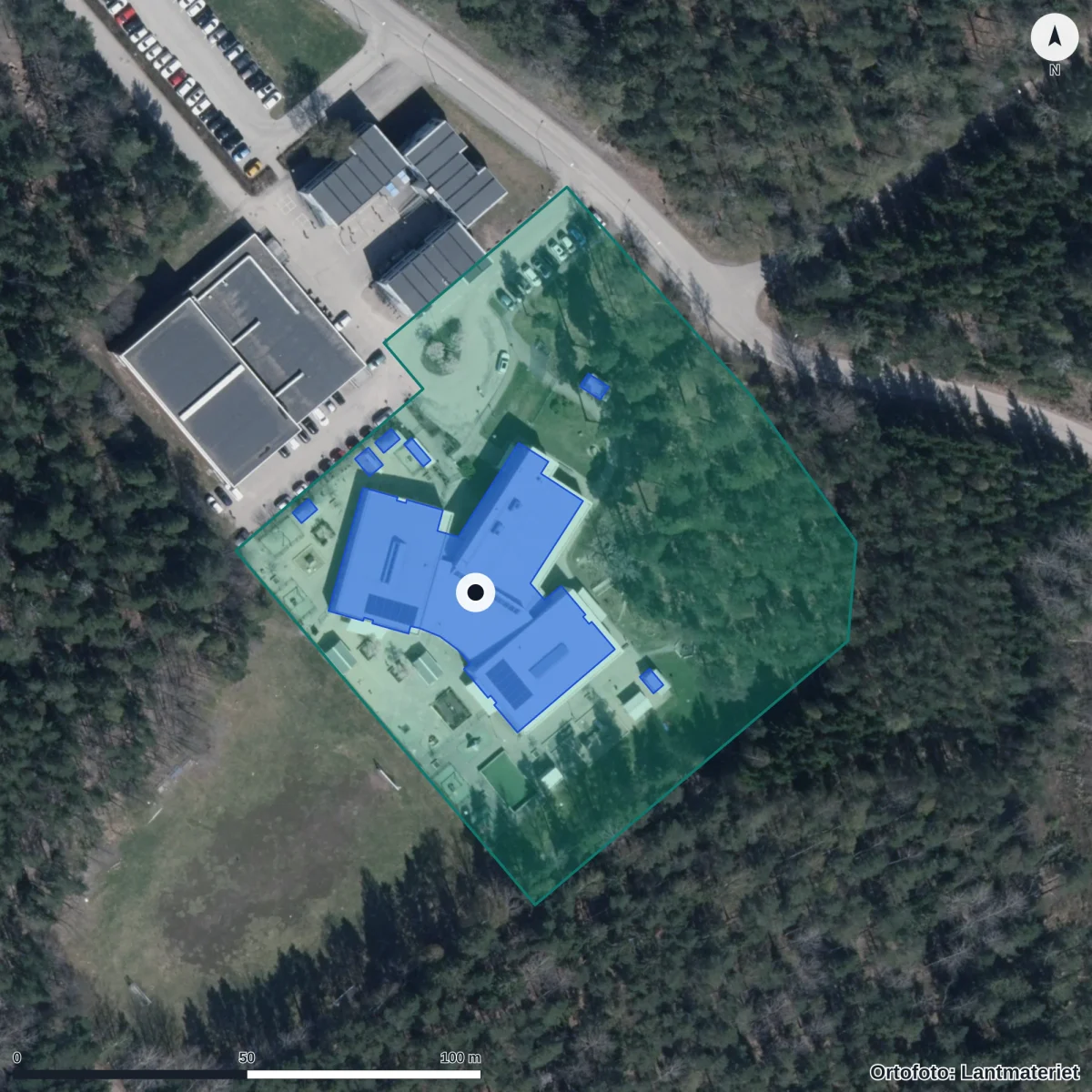 Flygbild över Odlarens Förskola, ortofoto från Lantmäteriet
