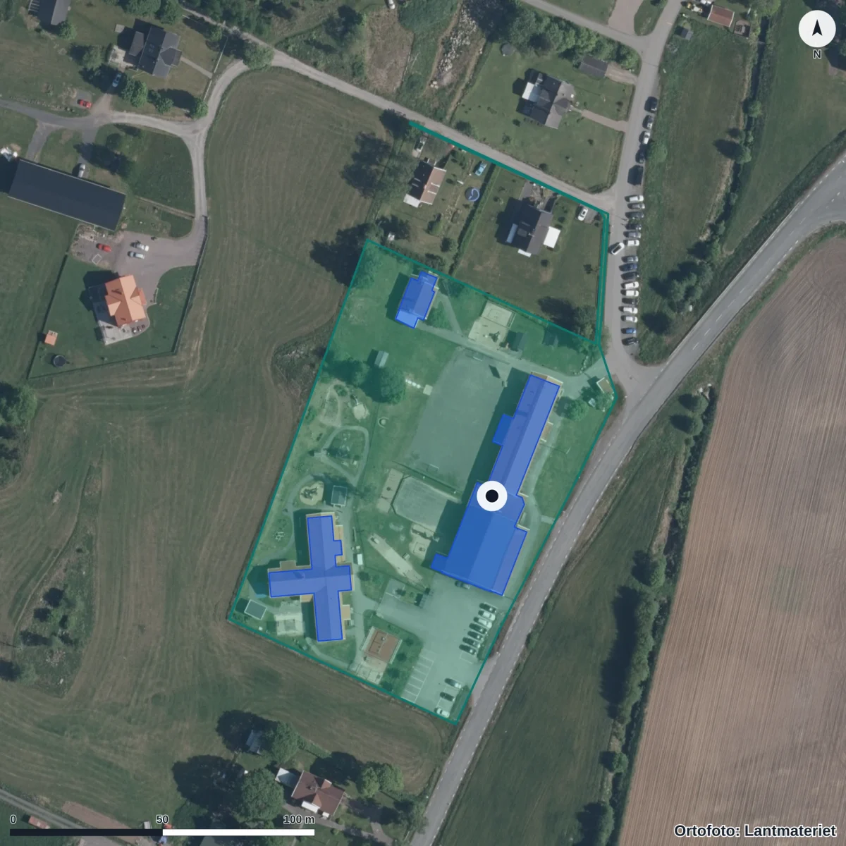 Flygbild över Ödestugu Förskola, ortofoto från Lantmäteriet