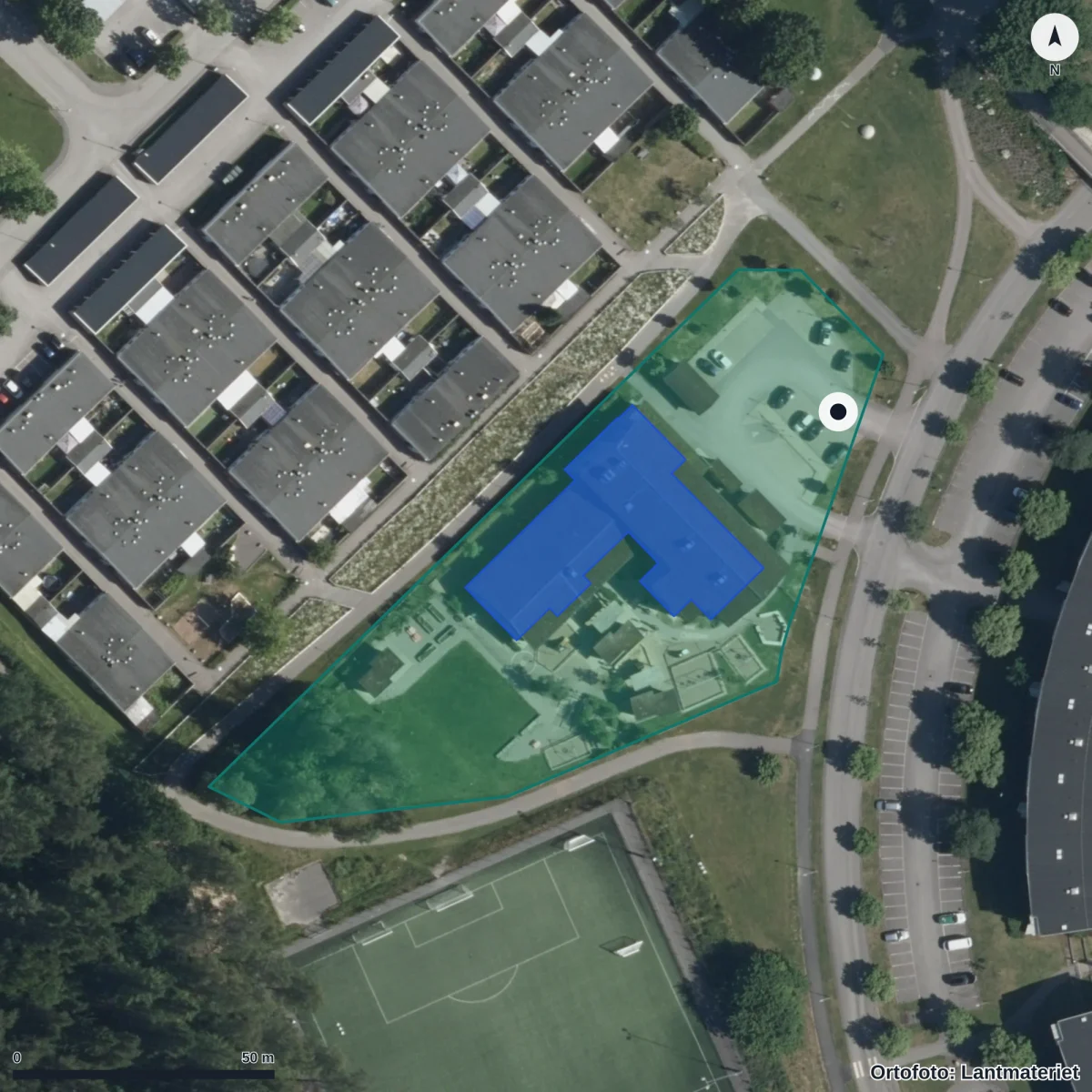 Flygbild över Skattens Förskola, ortofoto från Lantmäteriet