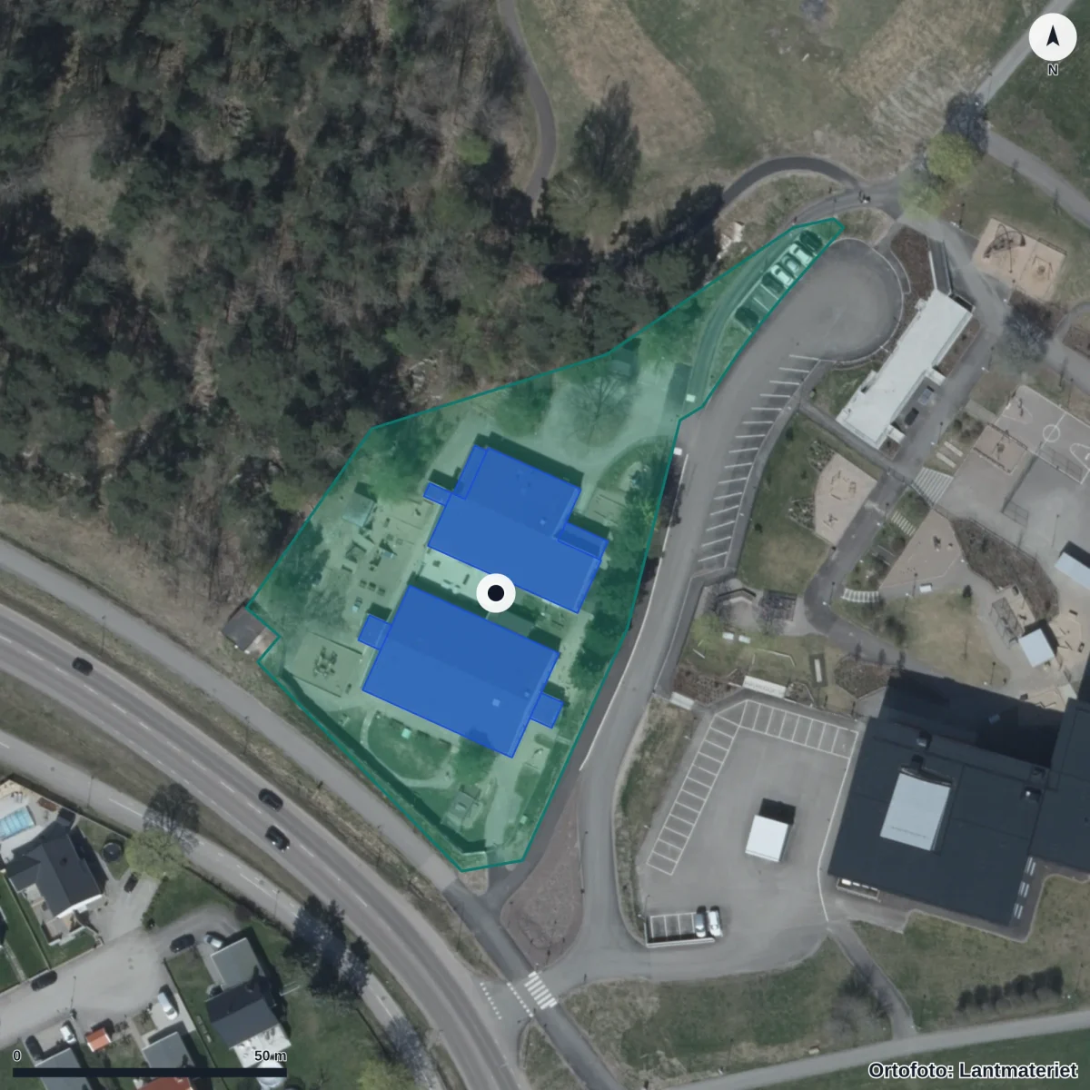 Flygbild över Tallåsens Förskola, ortofoto från Lantmäteriet
