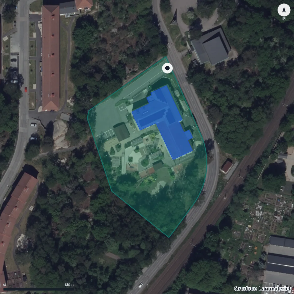 Flygbild över Orkestergatan 35 Förskola, ortofoto från Lantmäteriet