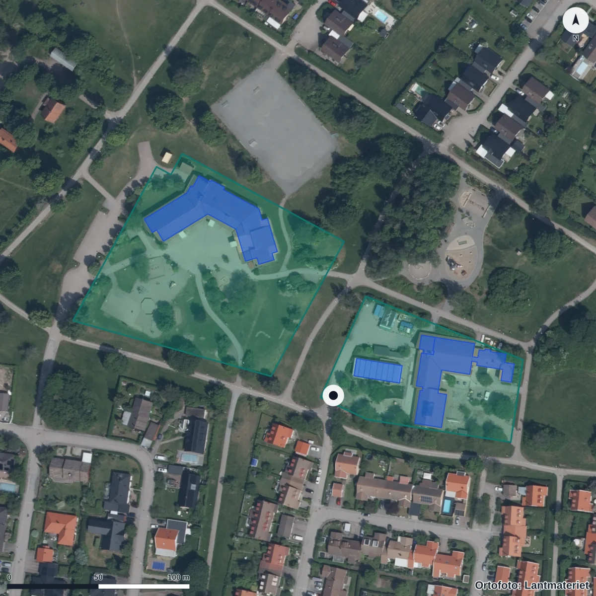 Flygbild över Myrgångens Förskola, ortofoto från Lantmäteriet