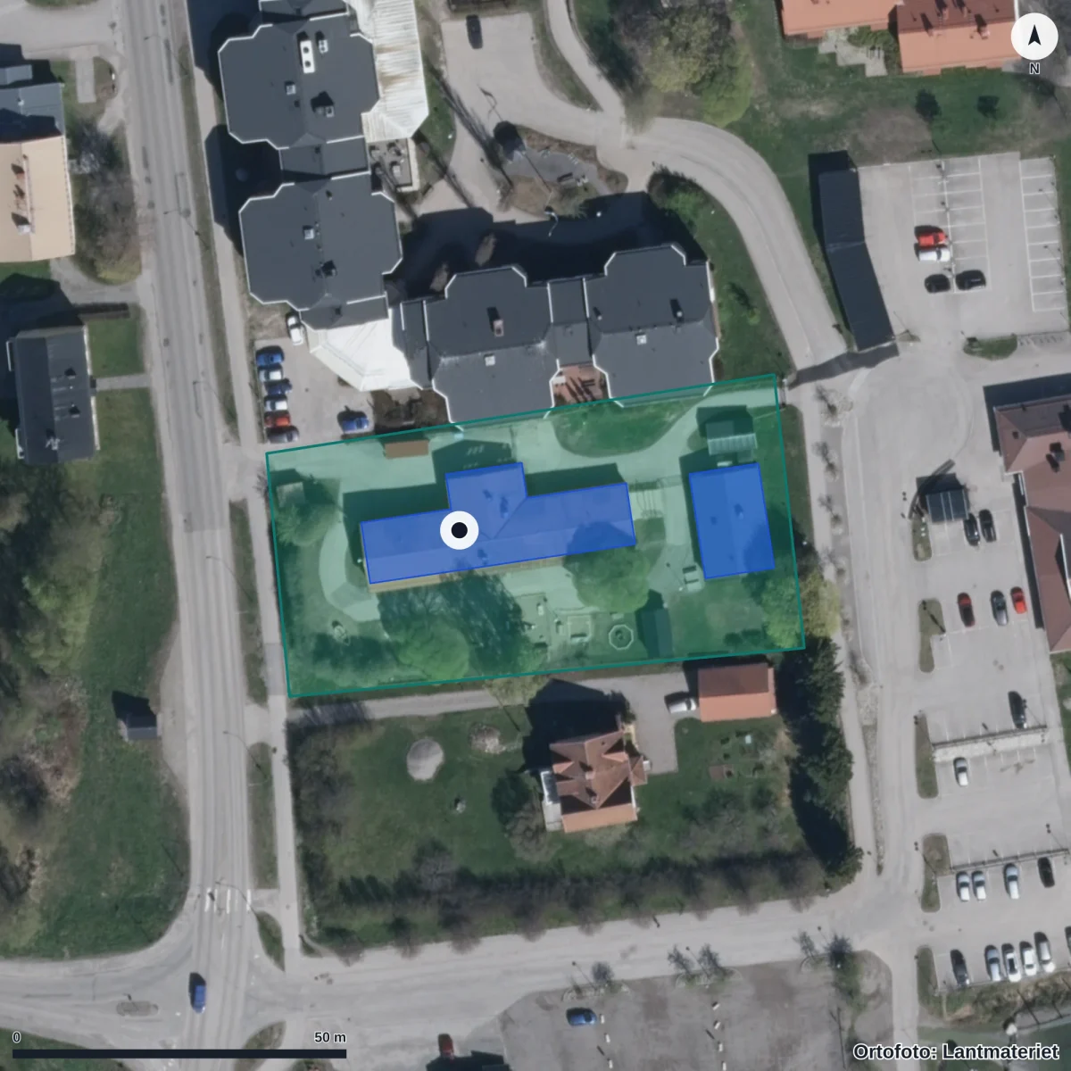 Flygbild över Strandgårdens Förskola, ortofoto från Lantmäteriet
