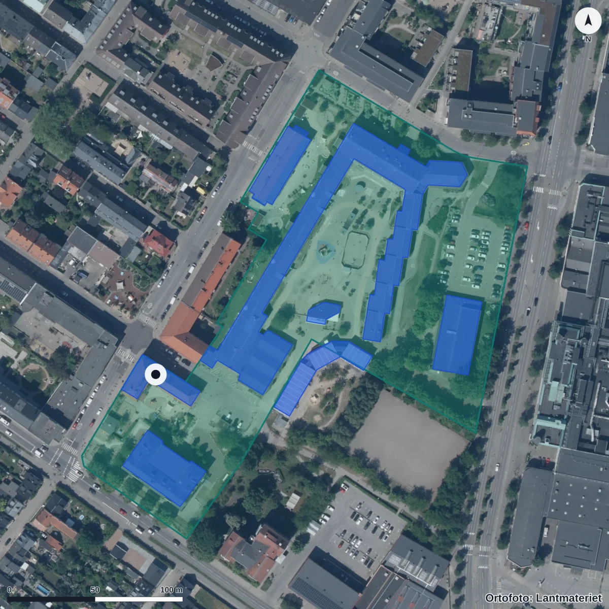 Flygbild över Sofia Förskola, ortofoto från Lantmäteriet