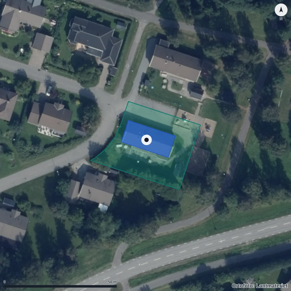 Flygbild över Villekulla Förskola, ortofoto från Lantmäteriet
