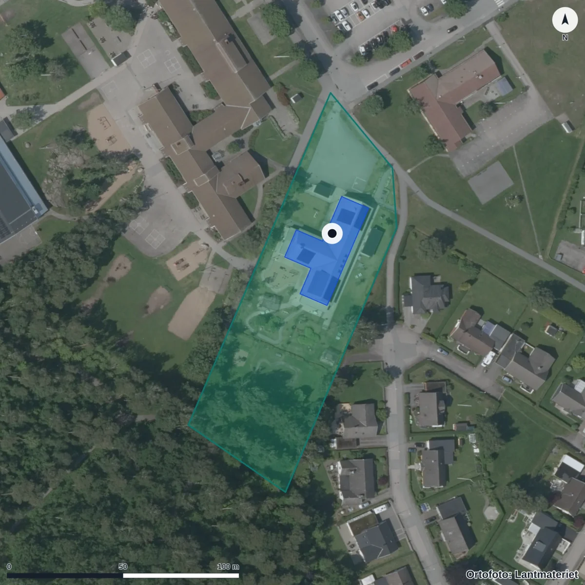 Flygbild över Skogstorps Förskola, ortofoto från Lantmäteriet