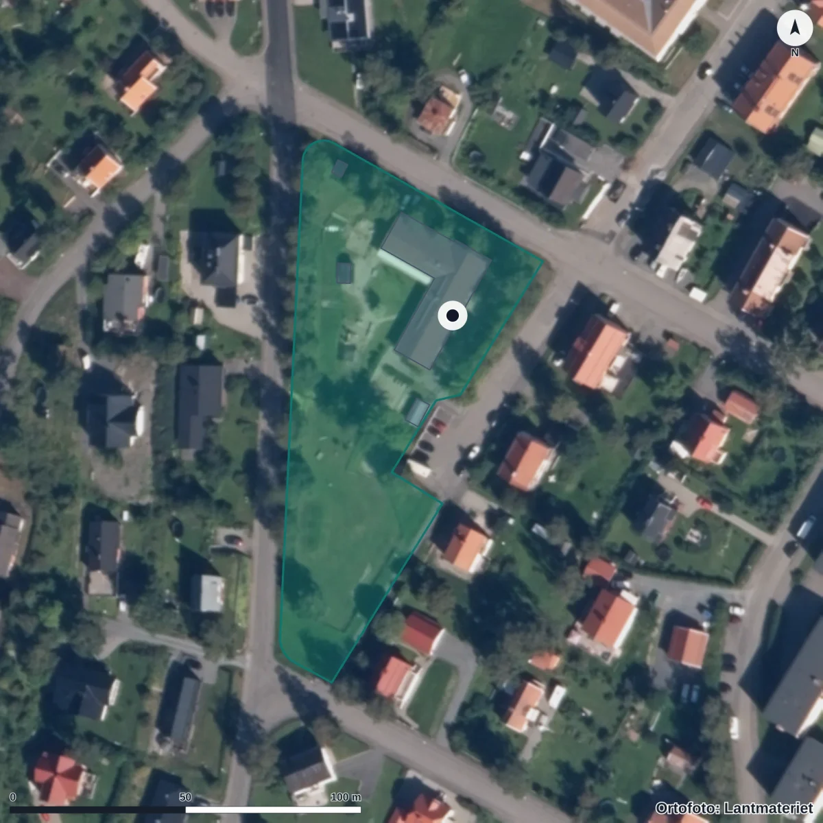 Flygbild över Rådmansparkens Förskola, ortofoto från Lantmäteriet
