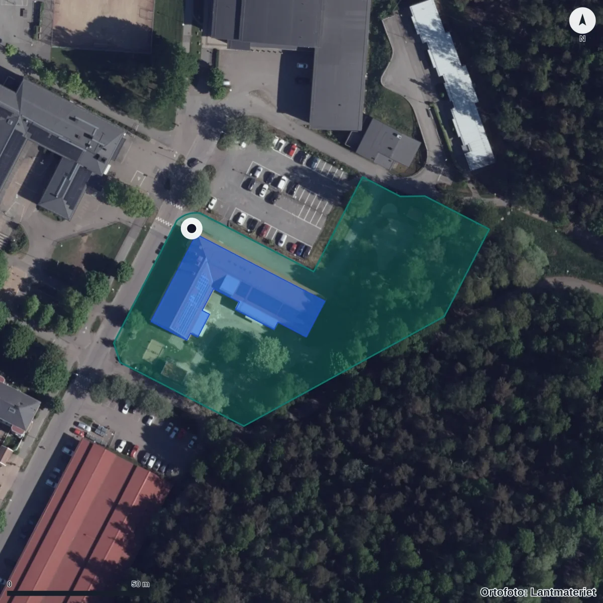 Flygbild över Kvadrantgatan 1 Förskola, ortofoto från Lantmäteriet