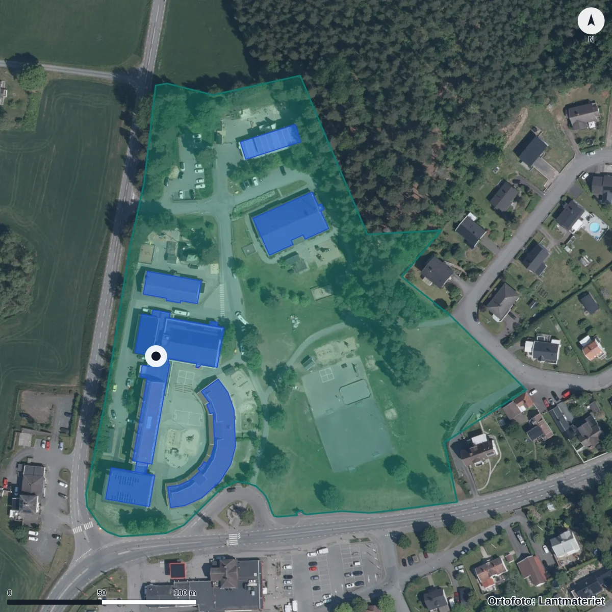 Flygbild över Lekeryds Förskola, ortofoto från Lantmäteriet