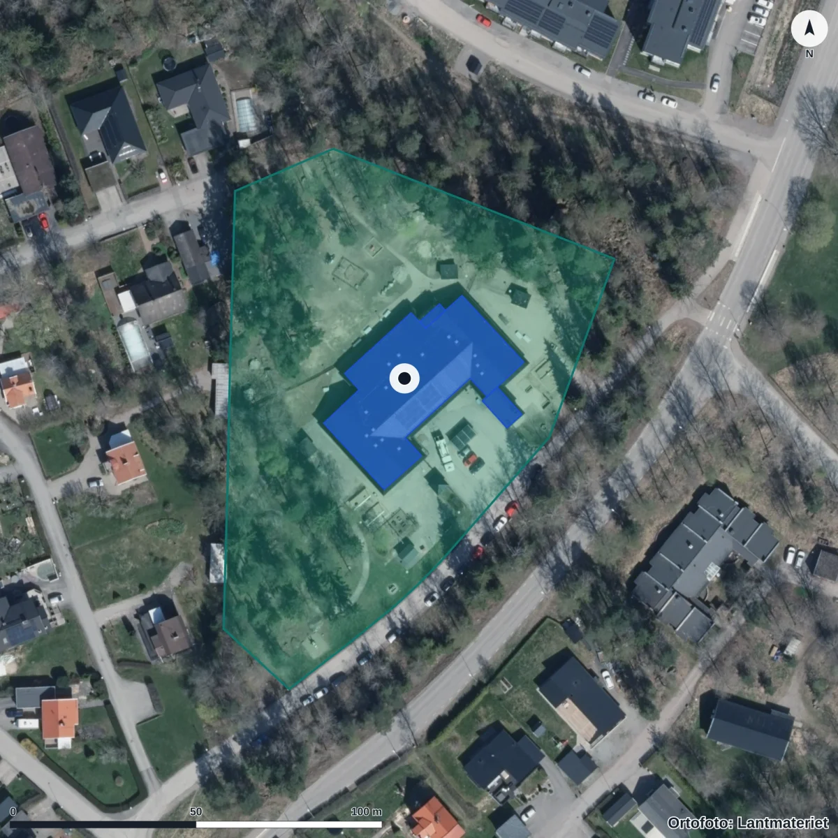 Flygbild över Vreta Förskola, ortofoto från Lantmäteriet