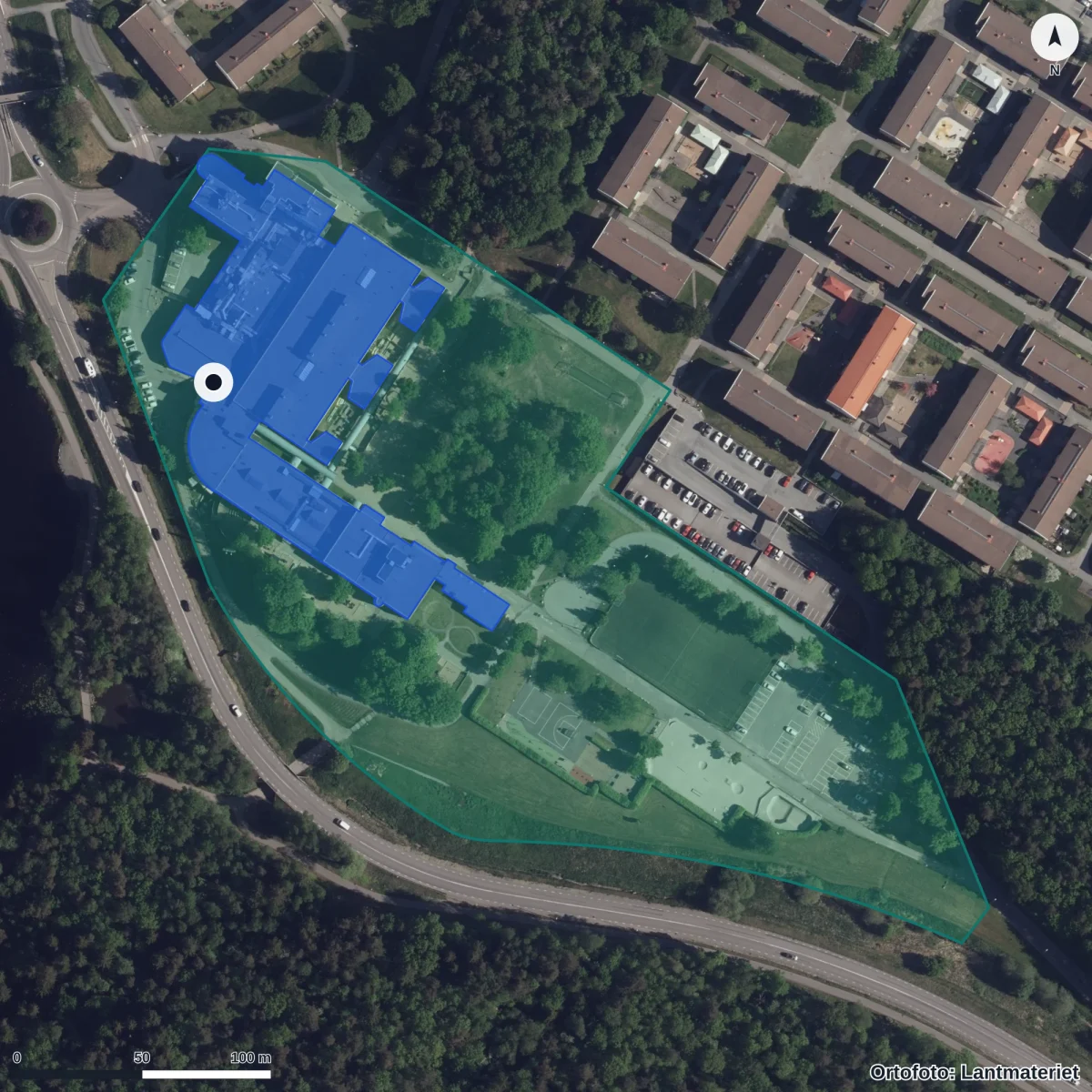 Flygbild över Björndammens Förskola, ortofoto från Lantmäteriet