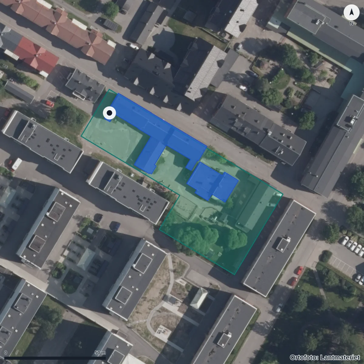 Flygbild över Gripens Förskola, ortofoto från Lantmäteriet