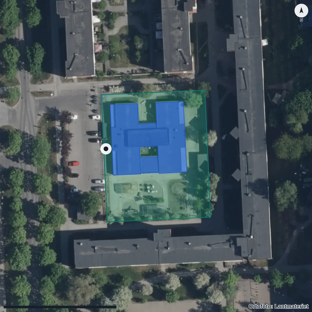 Flygbild över Dibber Myran Förskola, ortofoto från Lantmäteriet