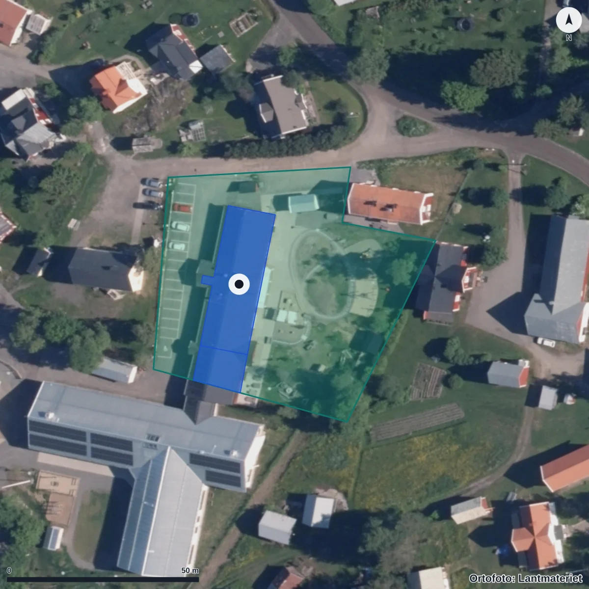 Flygbild över Förskolan Sörfors, ortofoto från Lantmäteriet