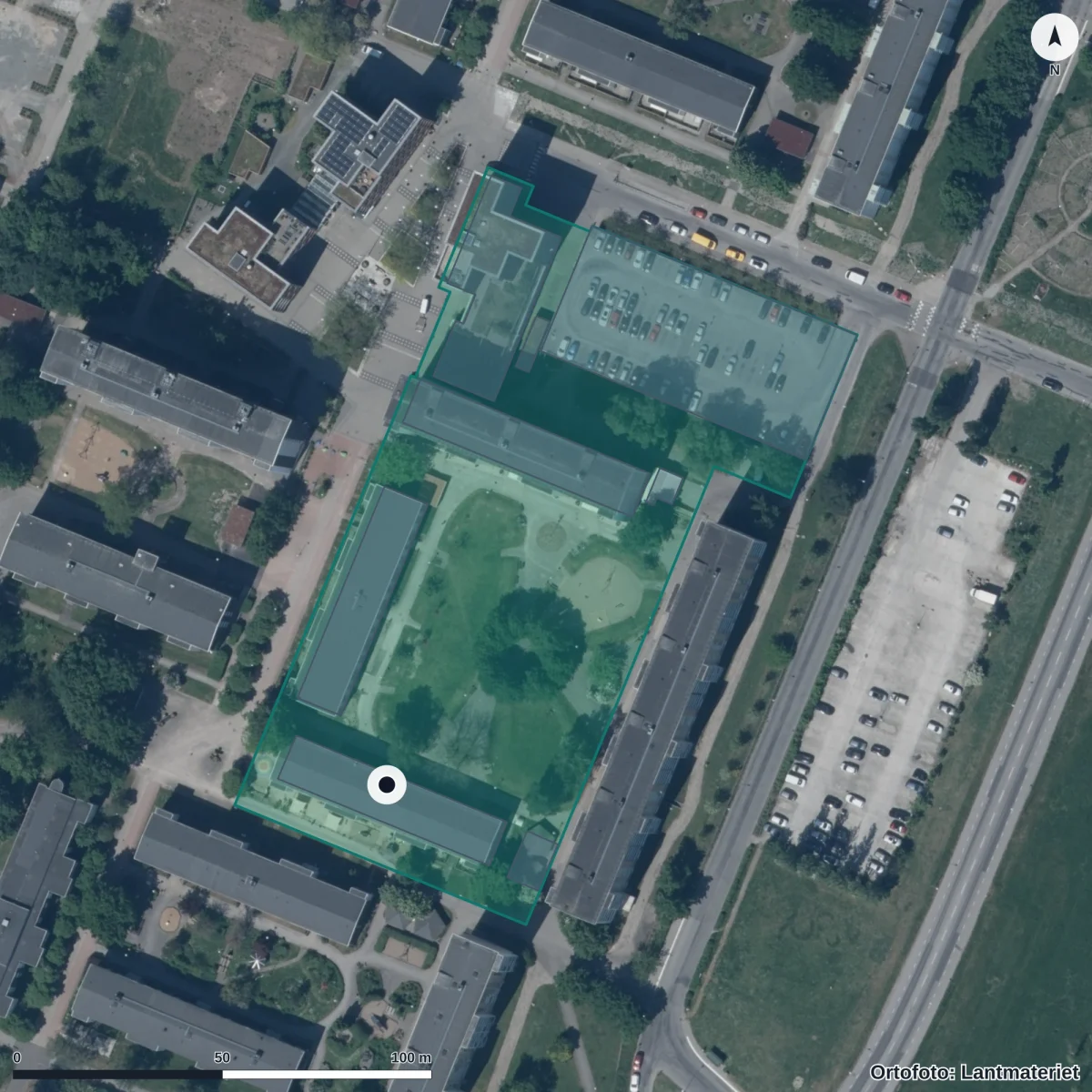 Flygbild över Snödroppens Förskola, ortofoto från Lantmäteriet