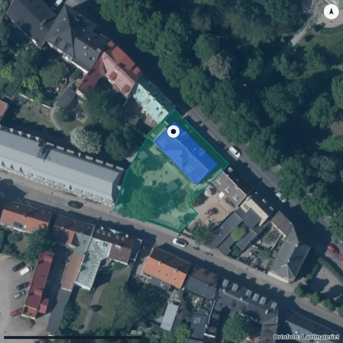 Flygbild över Studentkårens Förskola, ortofoto från Lantmäteriet