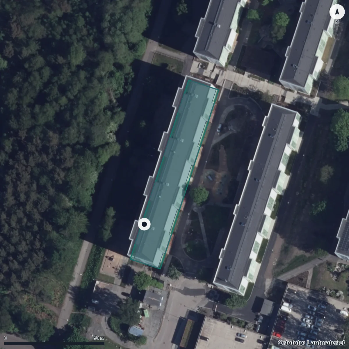 Flygbild över Siriusgatan 4-10 Förskola, ortofoto från Lantmäteriet
