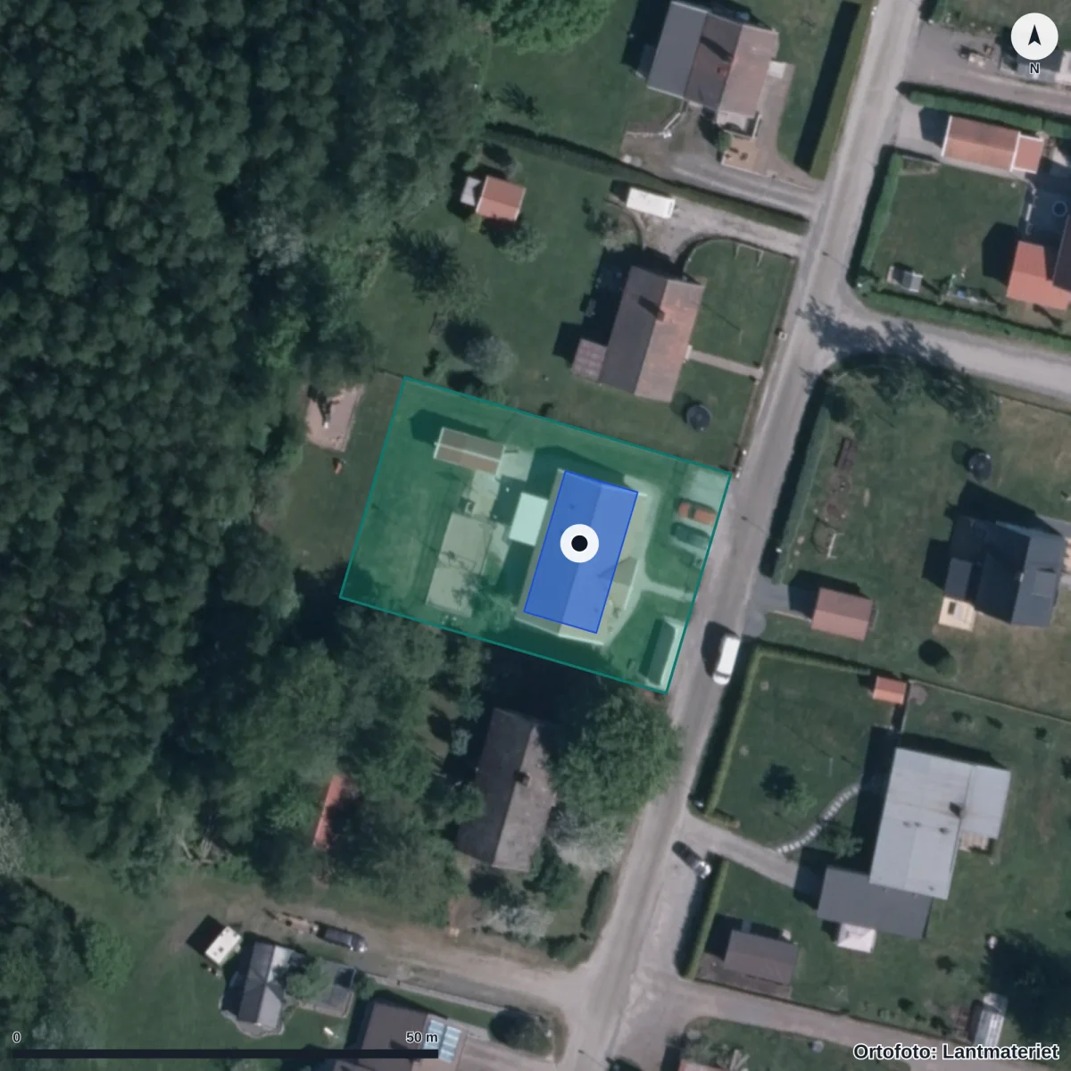 Flygbild över Norra Härene Förskola, ortofoto från Lantmäteriet