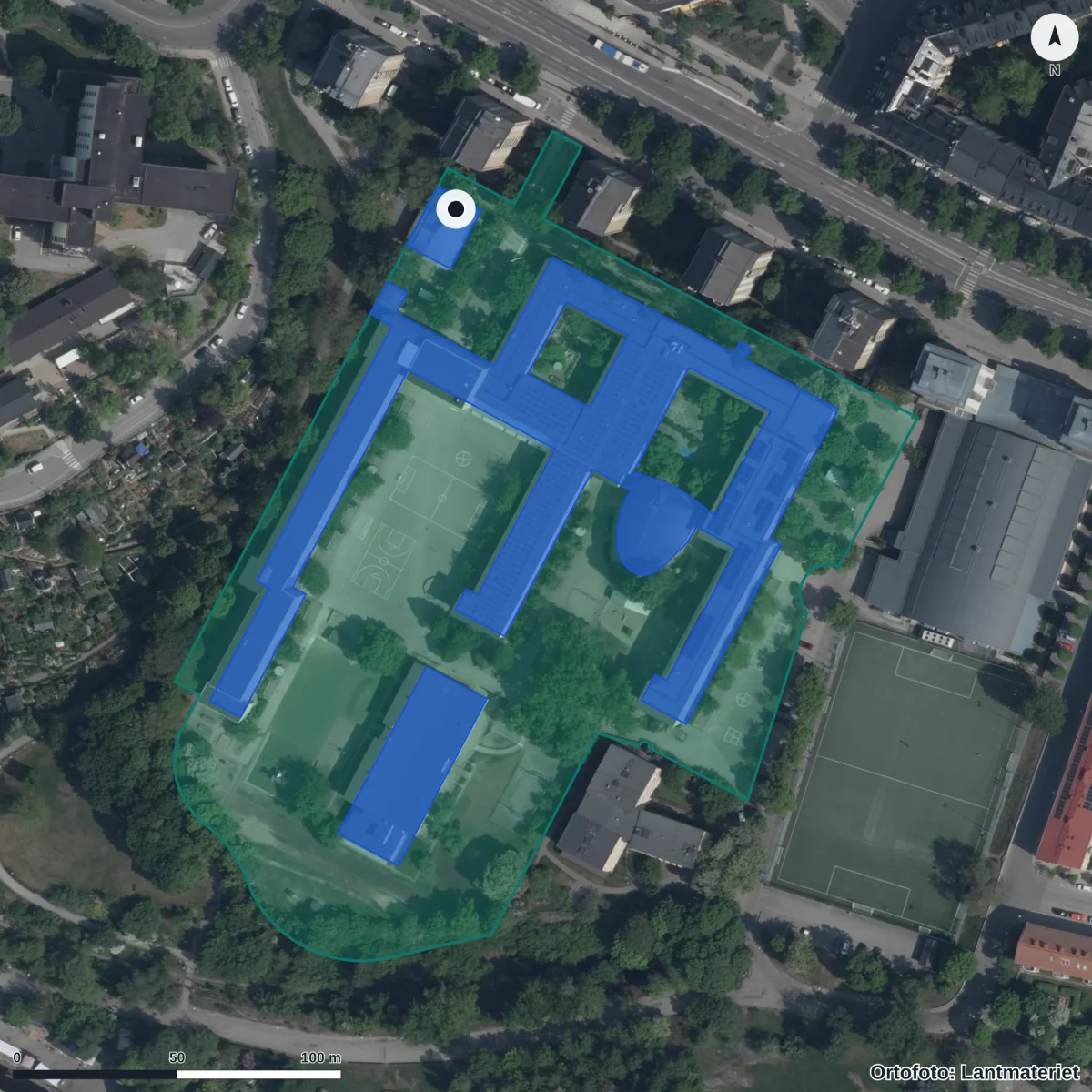 Flygbild över Förskolan Eriksdalsvillan, ortofoto från Lantmäteriet