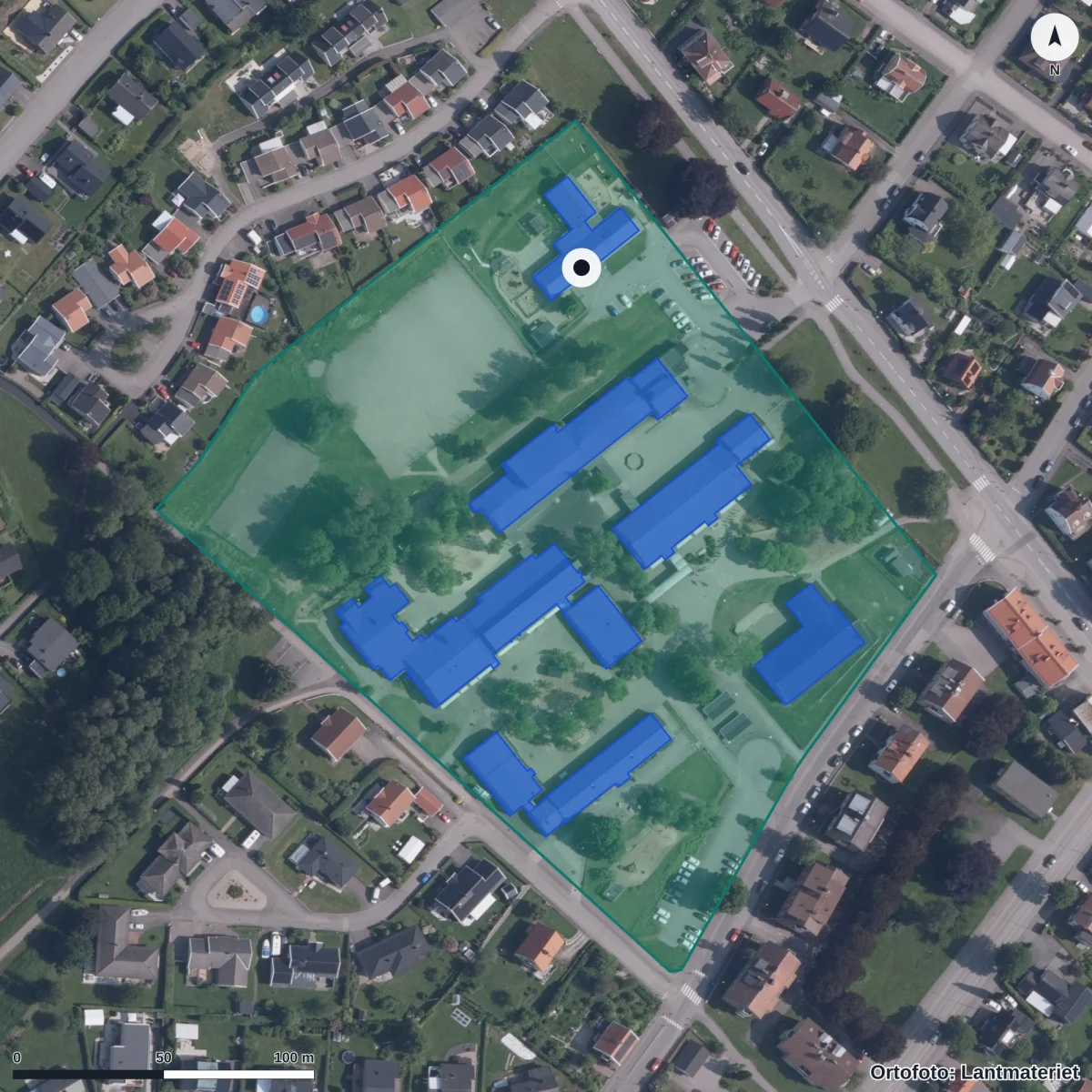 Flygbild över Mössebergs Förskola, ortofoto från Lantmäteriet