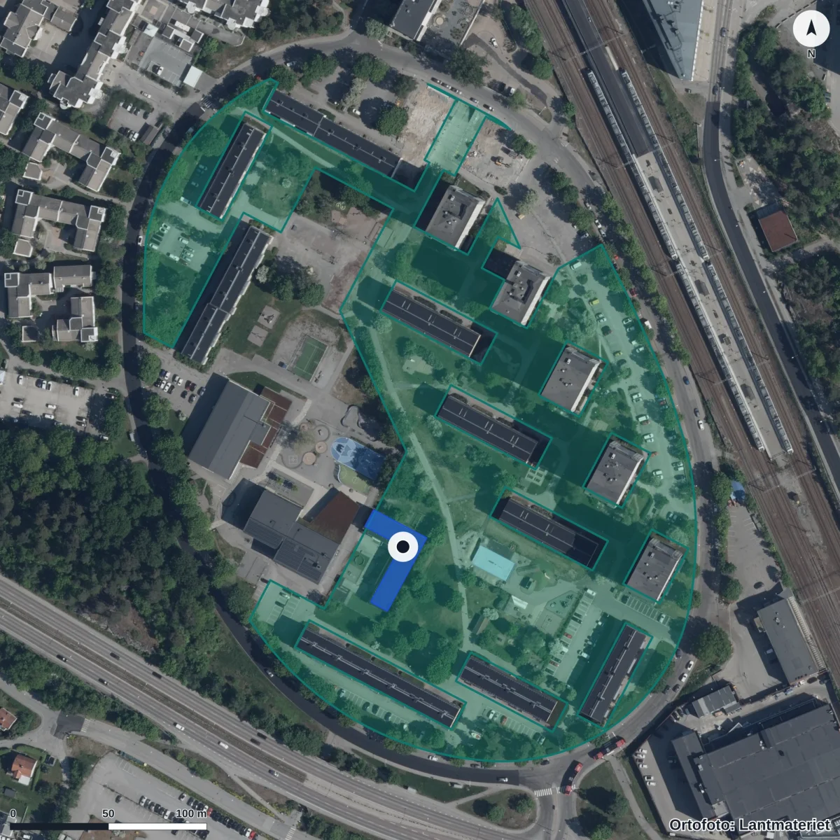 Flygbild över Ringens Förskola, ortofoto från Lantmäteriet